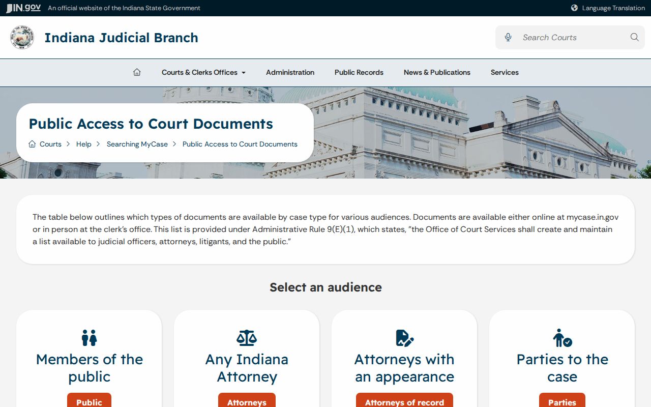 St. Joseph County civil court docket MyCase access matrix