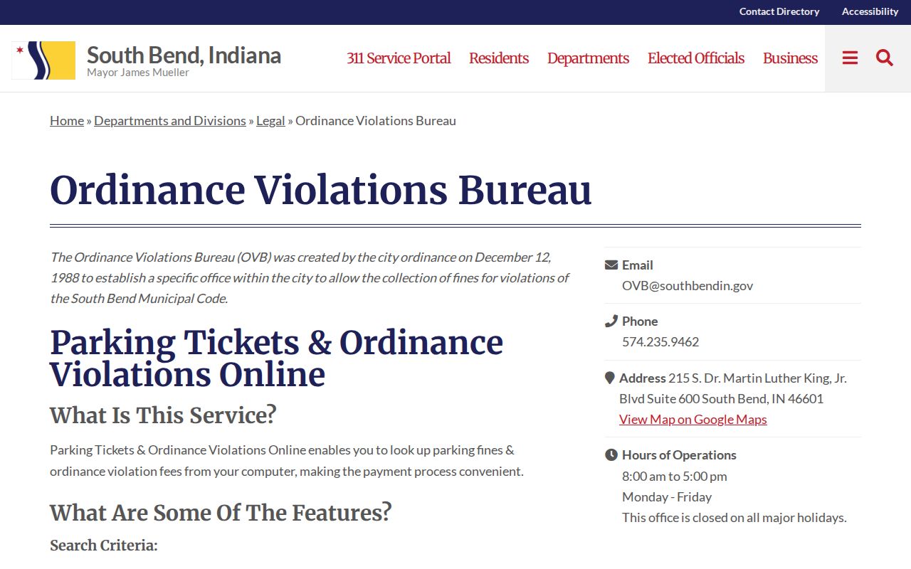 South Bend court records Ordinance Violations Bureau page