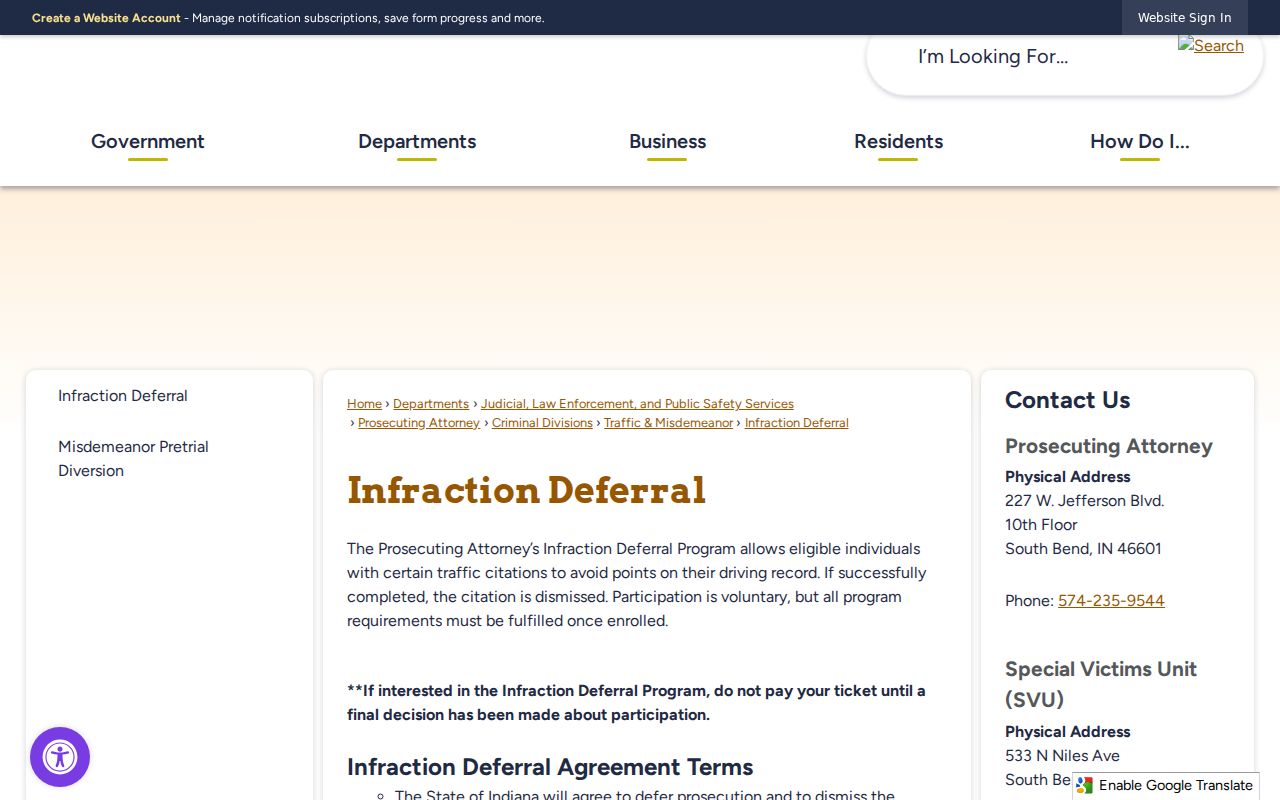 St. Joseph County traffic court infraction deferral information